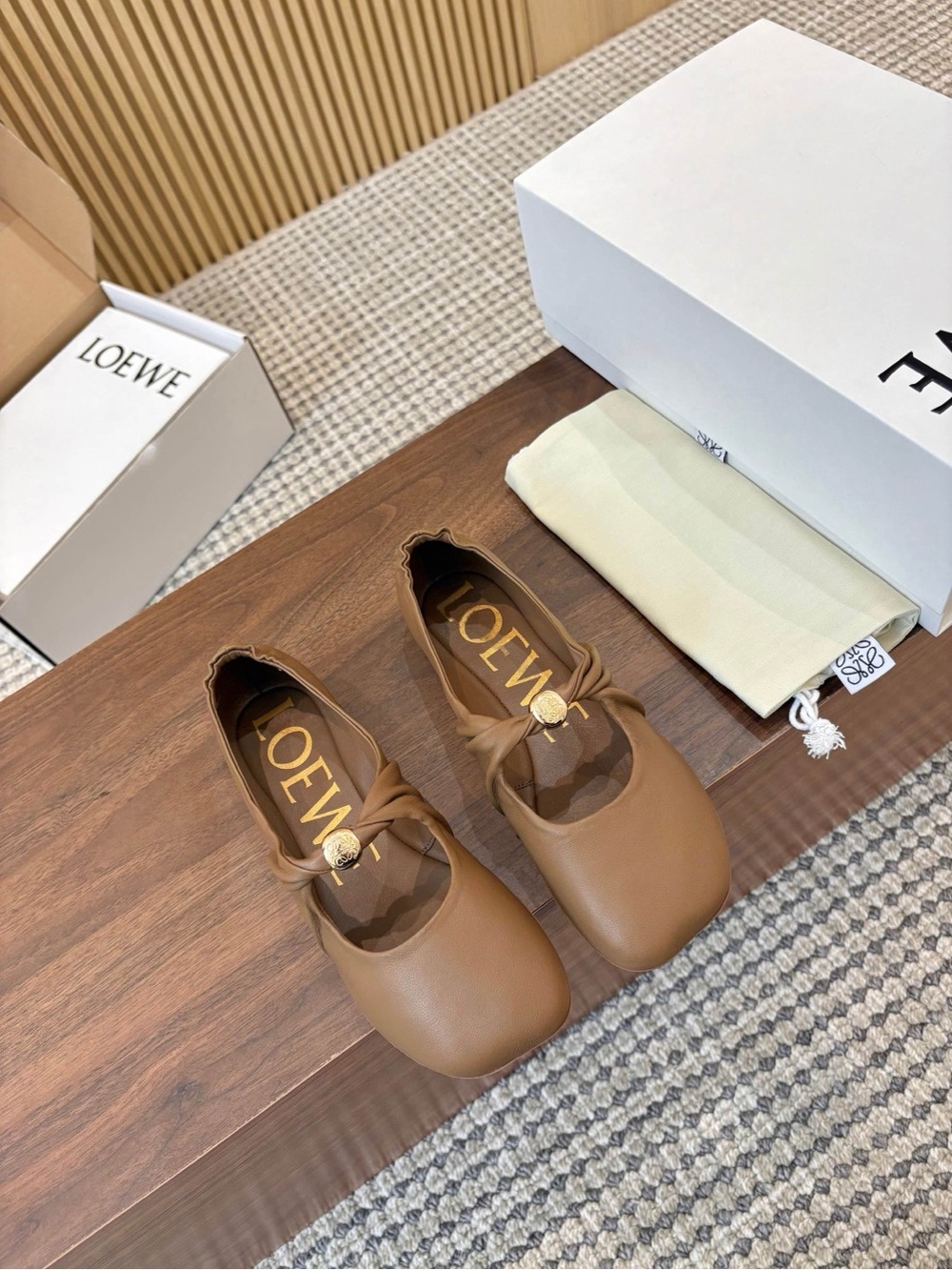 Loewe Brown Leather Ballet Flats with Knotted Strap and Gold Logo